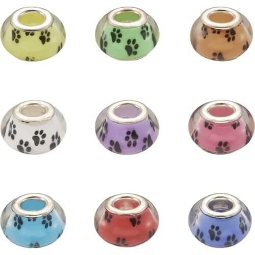 50pcs Large Hole Rondelle Mixed Color Dog Paw Prints Pattern Acrylic European Beads with Brass Double Cores for Jewelry Making
