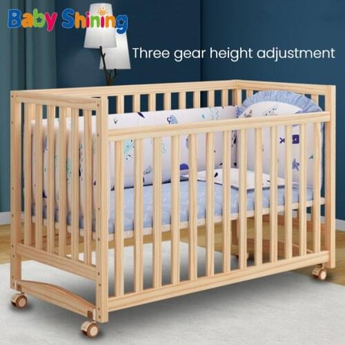 Baby Crib Stitching Big Bed Newborn Small Bed Solid Wood Unpaint Childrens Sleep Movable Cradle With wheels Adjustable Height