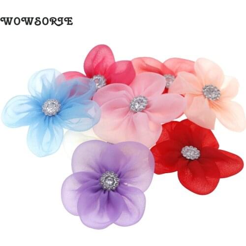 5cm baby Chiffon Flower with Drill flatback No Clips without headband Rolled Rose Fabric children Hair Accessories 15pcs/lot