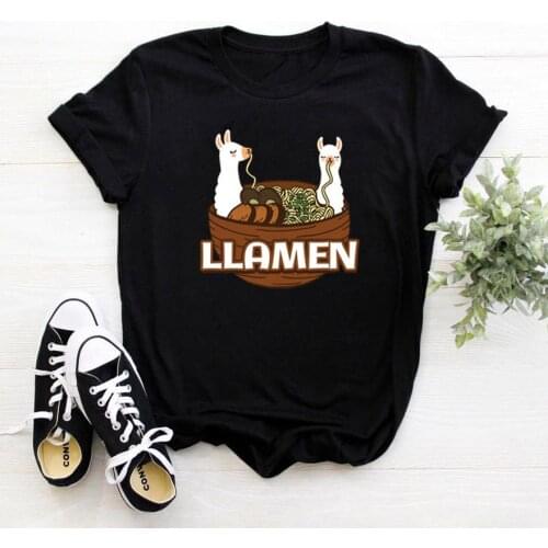Llamen Alpaca Is Eating Noodles T Shirt Woman Funny Animal Picture Tee Shirt Femme Loose Casual Women Tshirts Harajuku Clothes