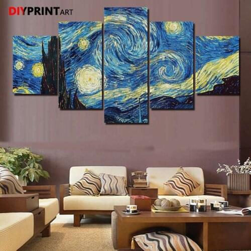 Aritstic Starry Night By Vincent Van Gogh 5 Panels Canvas Paintings Home Decoration Modern Wall Art A1070