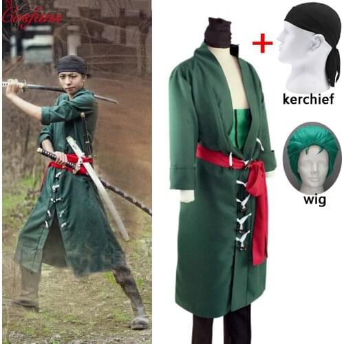 5PCS Japanese Anime One Piece Roronoa Zoro Cosplay Costume Comic Halloween Cosplay robe Full Set wig and kerchief free shipping