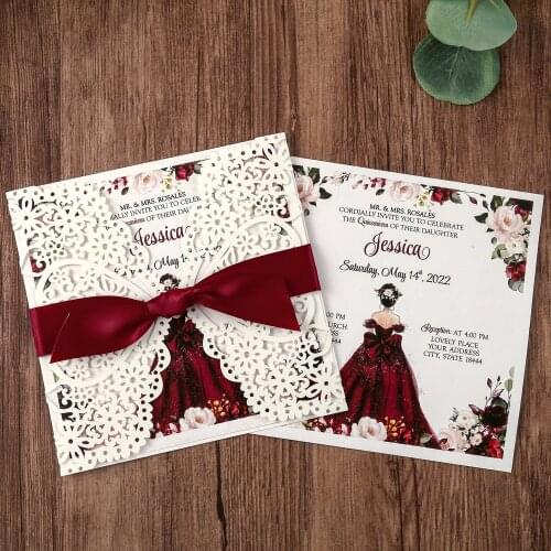 Square Wedding Invitations Cards Bridal, Anniversary ,Birthday,Quinceanera,with Red Bowknot Hollow, 50pcs, W0003