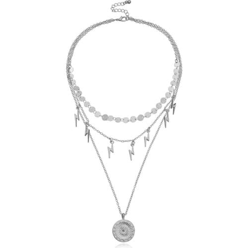 Layered Necklace Gold Sequins Chain Lightning Charms Long Pendant Neck Wear Accessories For Lady Urban Retro Jewelry