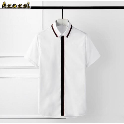 Azazel Black White Splice Men Shirts Contrast Color Embroidery Short Sleeve Mens Dress Shirts Plus Size 3XL 4XL Party Shirts Man
