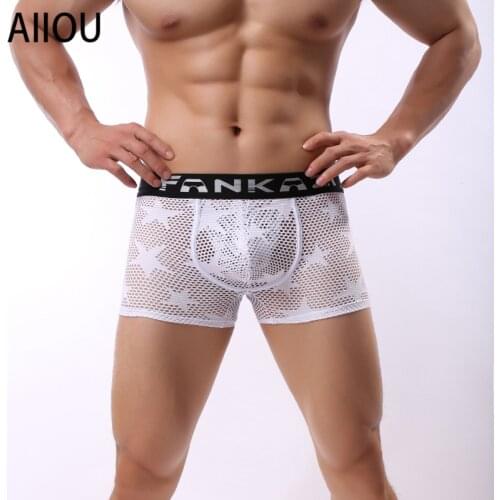 AIIOU Mens Underwear Boxer Mesh Breathable Underpants Pouch Star See Through Panties Ice Silk Shorts Sexy Boxer Mens Underwear