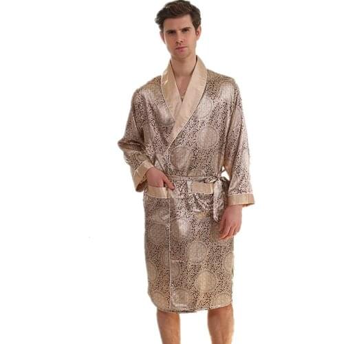 Mens Bathrobe Silk Nightgown Summer Satin Long-Sleeved Home Clothes Plus Size Bath Robe Kimono Men M-5xl