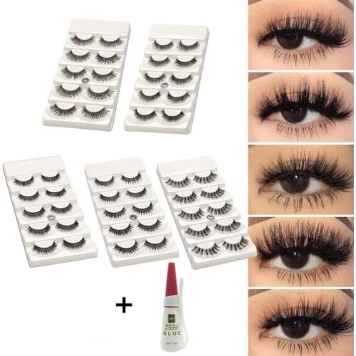 5 Pairs Faux Mink Lashes Set Fluffy Soft Wispy Volume Black Lashes Handmade 3D False Eyelashes With Glue Eyelashes Extension