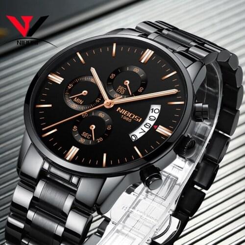 NIBOSI Black Metal Watch Men Watches Luxury Famous Top Brand Mens Fashion Casual Dress Watch Military Quartz Wristwatches Saat
