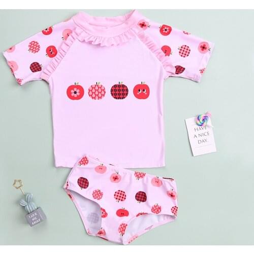 2021 new girls' swimsuit cute Apple pattern short sleeve briefs split sunscreen suit