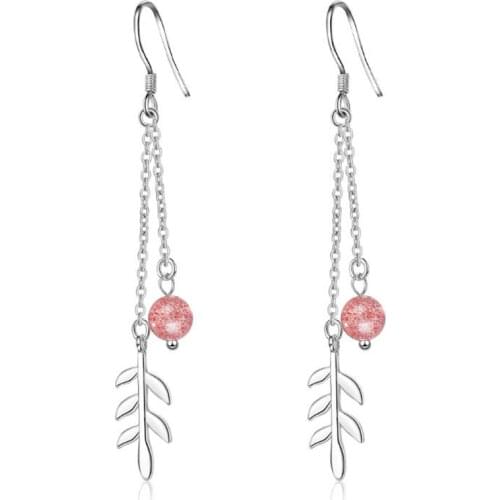 New Personality Pink Strawberry Crystal Leaf Long Ear Hook 925 Sterling Silver Jewelry Sweet Women Dangle Earrings SE874