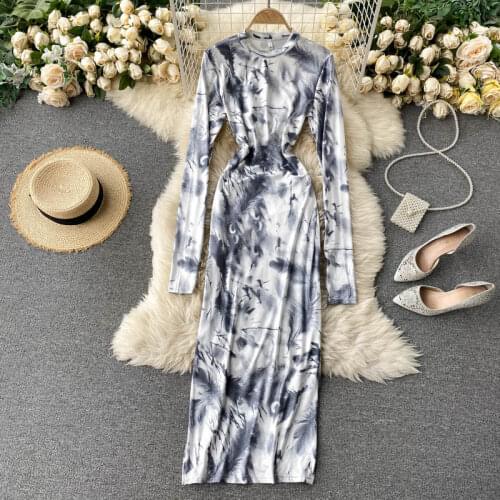 New Spring autumn ink print dress womens round neck long sleeve slim fit,high split midi bodycon party sheath ladies dresses