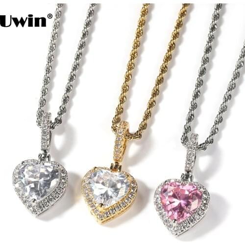 UWIN Heart Crystal Pendent Necklaces Iced Out Cubic Zirconia Heart Charms Pink Stone Pendant Necklace for Women Fashion Jewelry
