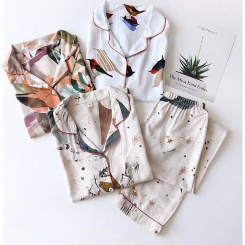 Pajamas Set Spring and Summer Thin Section Viscose Long-Sleeve Trousers Suit Women 2-Piece Set and Breathable Women Home Service