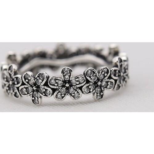 Genuine 925 Sterling Silver Little Sparkling Daisies Stacked CZ Ring Compatible with European Jewelry