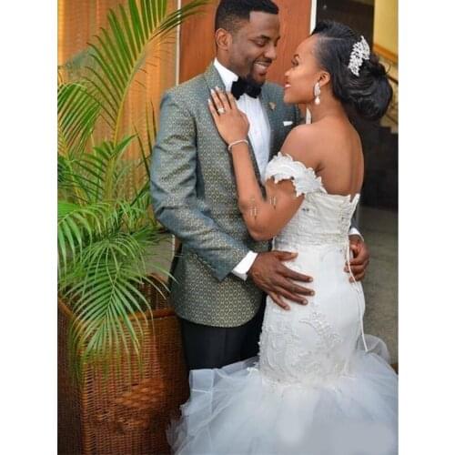 Offer Shoulder African Mermaid Wedding Dresses Embroidery Lace-up Back Wedding Dress Princess Floor-length Country Style Bridal