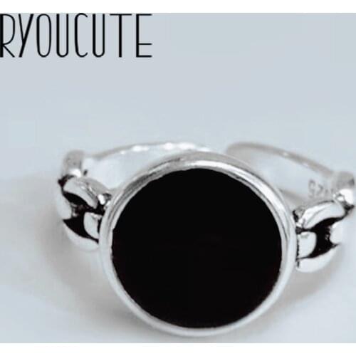 Exaggerated Retro Silver Color Black Round Rings For Women Engagement Rings Vintage Girls Open Jewelry