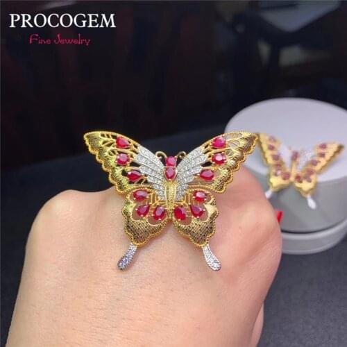 Gorgeous Golden Butterfly Natural real Ruby Pendant Brooch multi-role fine Jewelry for Women 925 Solid Silver with Certificate