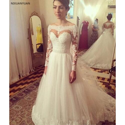 Luxury 2021 Long Sleeves A Line Wedding Dresses Boat Neck Appliques Beading White Wedding Gown Tulle Zipper Bridal Gowns