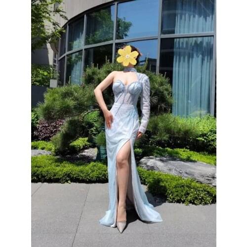 Blue Fashion Ladies High Slit Bling Bling One Shouder Evening Dress For Party Dark Gown Blue1704 For Women Wedding Party