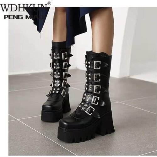 INS Women Wedges Metal Buckle Autumn Shoes Brand Classic Boots Women Fashion Luxury Platform Punk Ankle Boots