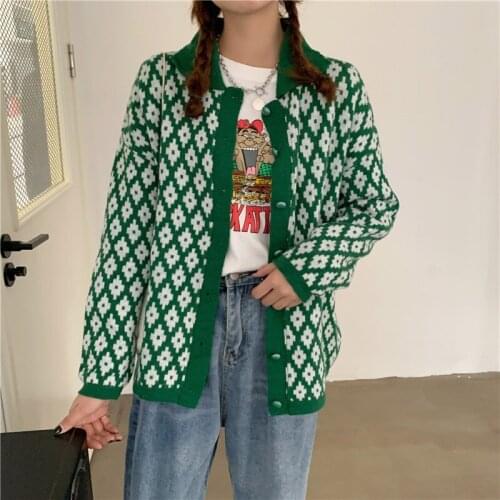 Oversized 2XL Women Retro Casual Long Sleeve Knitted Print Cardigan Tops Female Autumn Lapel Single Breasted Sweater Cardigans