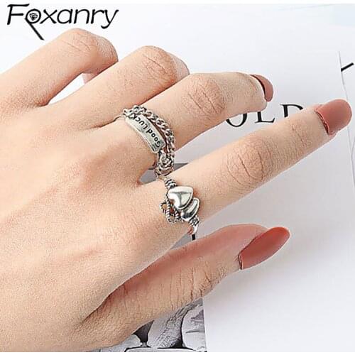Foxanry 925 Sterling Silver LOVE Heart Rings for Women Creative Vintage Thai Silver Fine Jewelry Elegant Party Accessories Gifts