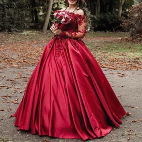 2019 Elegant Red Evening Dresses Long A-Line Party Wear Off Shoulder Long Sleeves Appliques Formal Evening Dress Plus Size