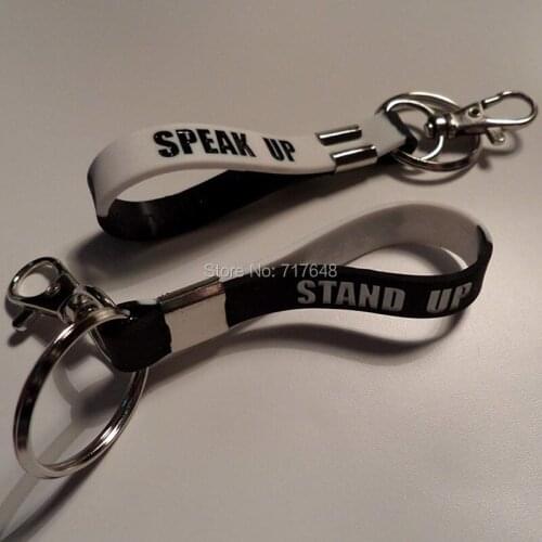 300pcs Keyring Stand Up Speak Up Black and White Keychain wristband silicone bracelets free shipping by FEDEX A