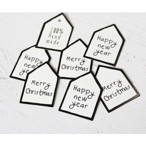 50pcs Handmade White Small House Tags Christmas And Happy New Year Decoration Label Gift Baking Packaging Box Tags Contains Rope