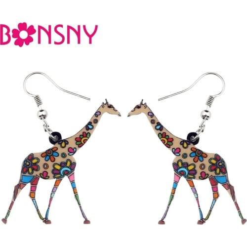 Bonsny Acrylic Anime Colorful African Jungle Giraffe Earrings Dangle Drop Novelty Wild Animal Jewelry For Women Girls Teens Gift