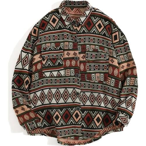 Harajuku Hip Hop Long Sleeve Geometric Square 2021 National Style Knit Streetwear Shirt Autumn Cotton