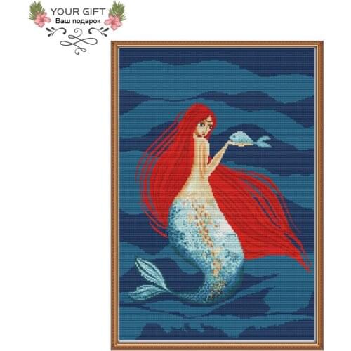 Joy Sunday RA157 14CT 11CT Counted and Stamped Home Decor Red-haired Mermaid Needlework Embroidery DIY Cross Stitch kits