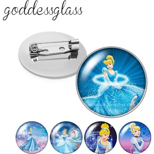 Disney Princess Cinderella Round Glass cabochon Silver color Brooch Dome Photo Jewelry Brooches Pin For Gift