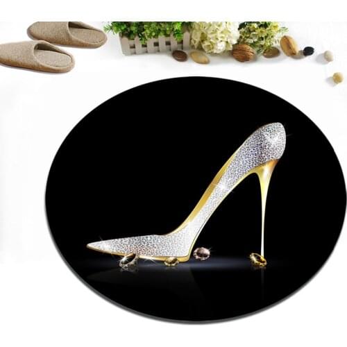 Silver Golden High Heels Crystals Jewel Round Home Door Mat Living Room Floor Cushion Bedroom Area Rug Bathroom Non-Slip Carpets