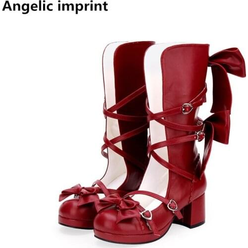 Angelic imprint mori girl Women sweet beautiful shoes lady high heels lolita boots woman princess dress party pumps bowtie 33-47