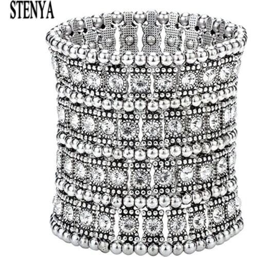 STENYA 4 Stand Multilayer Bracelet Stretch Exaggeration Openable Elastic Crystal Bangle Wedding Party Cuff Vintage Charm Jewelry