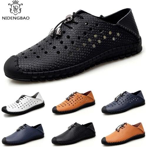 Spring Summer Mens Casual Shoes Hollow Out Low-top Slip-on Loafers Comfortable Handmade Breathable Leather Shoes Men Size 38-48