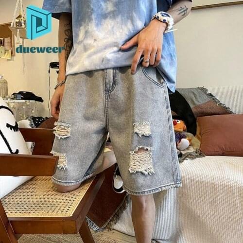 DUEWEER Mens Denim Shorts Summer Ripped Casual Baggy Knee Length Pants Men Jeans Student Holes Straight Denim Pants