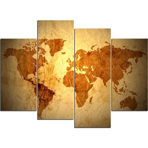 4 Pcs Print Posters Canvas Wall Art Painting Glowing Brown World Map Modular Pictures On The Wall Sitting Room No Framed