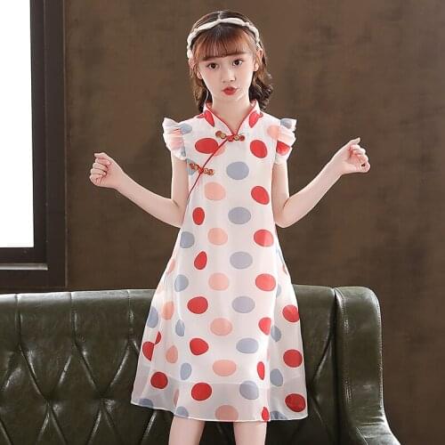 New Autumn Girls Dress Chinese Style Cheongsam Party Print Dot Wedding Ball Birthday Princess Dress Teen Girls Cute Lady Dresses