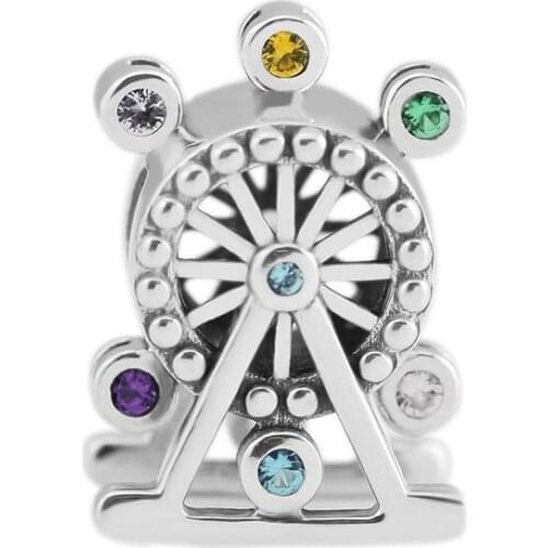 Fits For Pandora Charms Bracelets Ferris Wheel Beads with Multi-Colored CZ 100% 925 Sterling-Silver-Jewelry Free Shipping