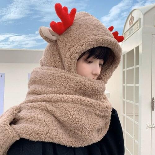 Christmas antlers Skullies & Beanies Hats Cartoon Cute Novelty Keep Warm Winter Outdoor Women Casual Plush Hat Scarf set caps