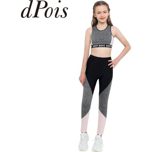 Kids Girls Ballet Gymnastics Suits Wide Shoulder Straps Crops Top Sport Pants Children Clothing for Workout Running Sports Sets