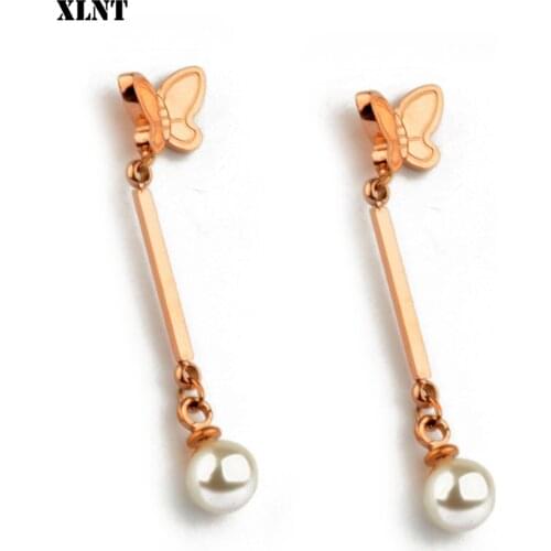 XLNT Women New Fashion Butterfly Pearl Earrings Personality Metal Geometry Water Drop Kinds Of Exaggerated Drop earrings Jewelry
