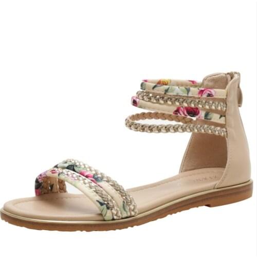 Luxury Designer 2021 Summer Flat-heel Ethnic Style Bohemian Roman Style Flat Back Zipper Rhinestones with Skirt Female Sandals