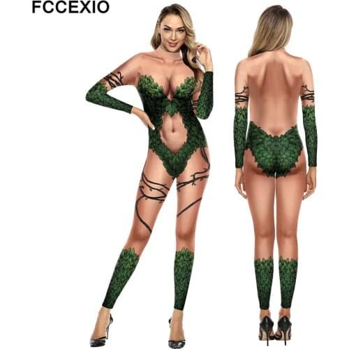 FCCEXIO Adult Women Poison Ivy Costume Halloween Cosplay Fancy Dress Spandex Jumpsuit Plus Size Long Sleeve Cosplay New Jumpsuit