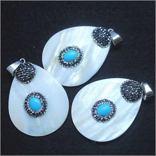 Hot selling white mother of pearl with blue turquoisee also the rhinestone for women necklace pendants size 47x38mm beads accessories with tourism selling