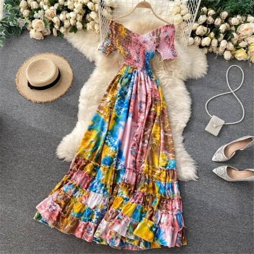 Tie Dye Summer Dress Women 2021 Vintage Hawaii Beach Spring V-neck High Waist Long Dresses Female Clothing New Year 2021 Atopos