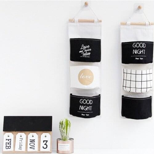 Black and white three-pocket hanging bag wall cotton and linen hanging storage hanging bag simple hanging bag